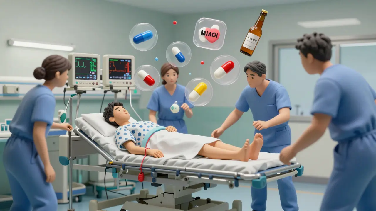 Emergency room scene with patient on gurney, monitors showing critical vital signs, floating icons of risky substances.