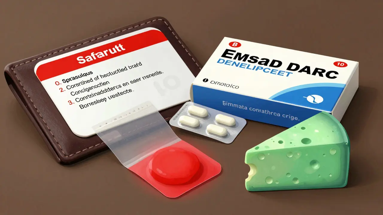 Wallet with safety card beside Emsam patch and blue cheese, half glowing red with danger, half safe and green.