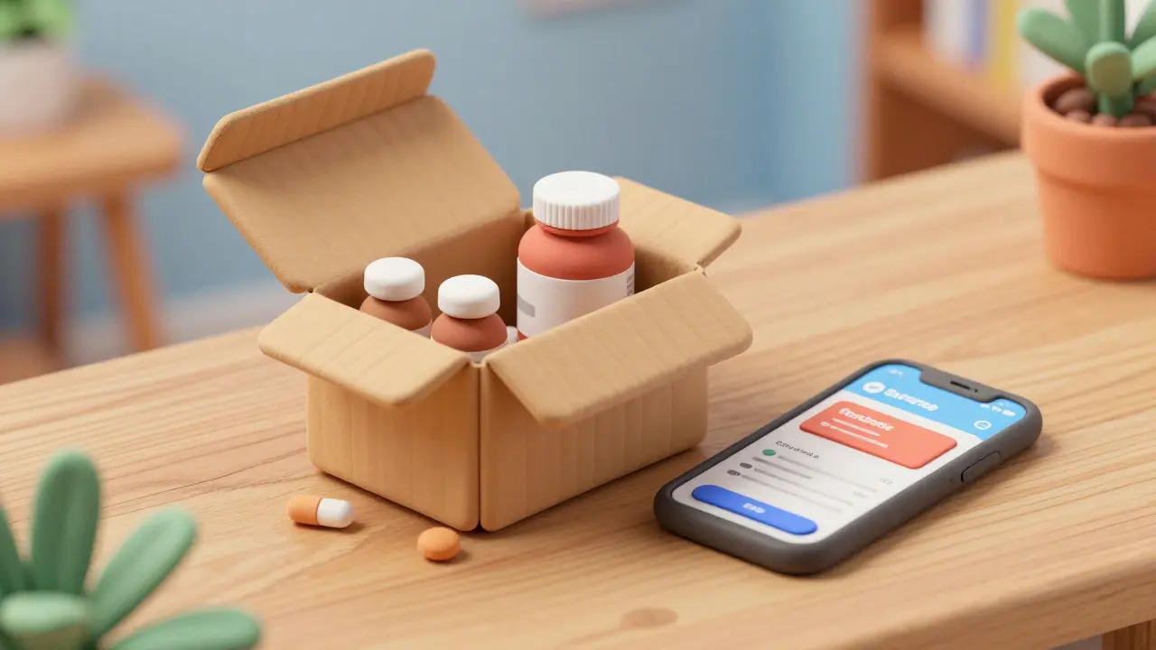 Clay art of a medication delivery box and a smartphone with a digital coupon