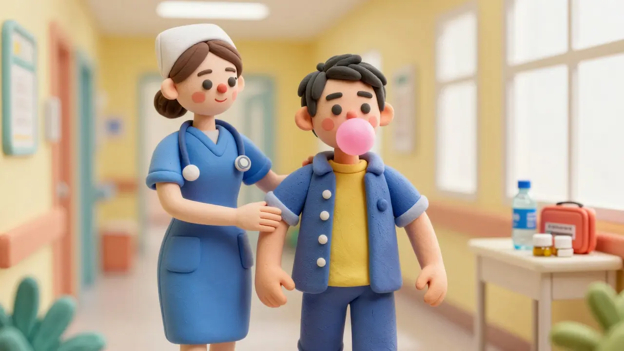 Clay art of a patient walking in a hospital corridor while chewing pink gum.
