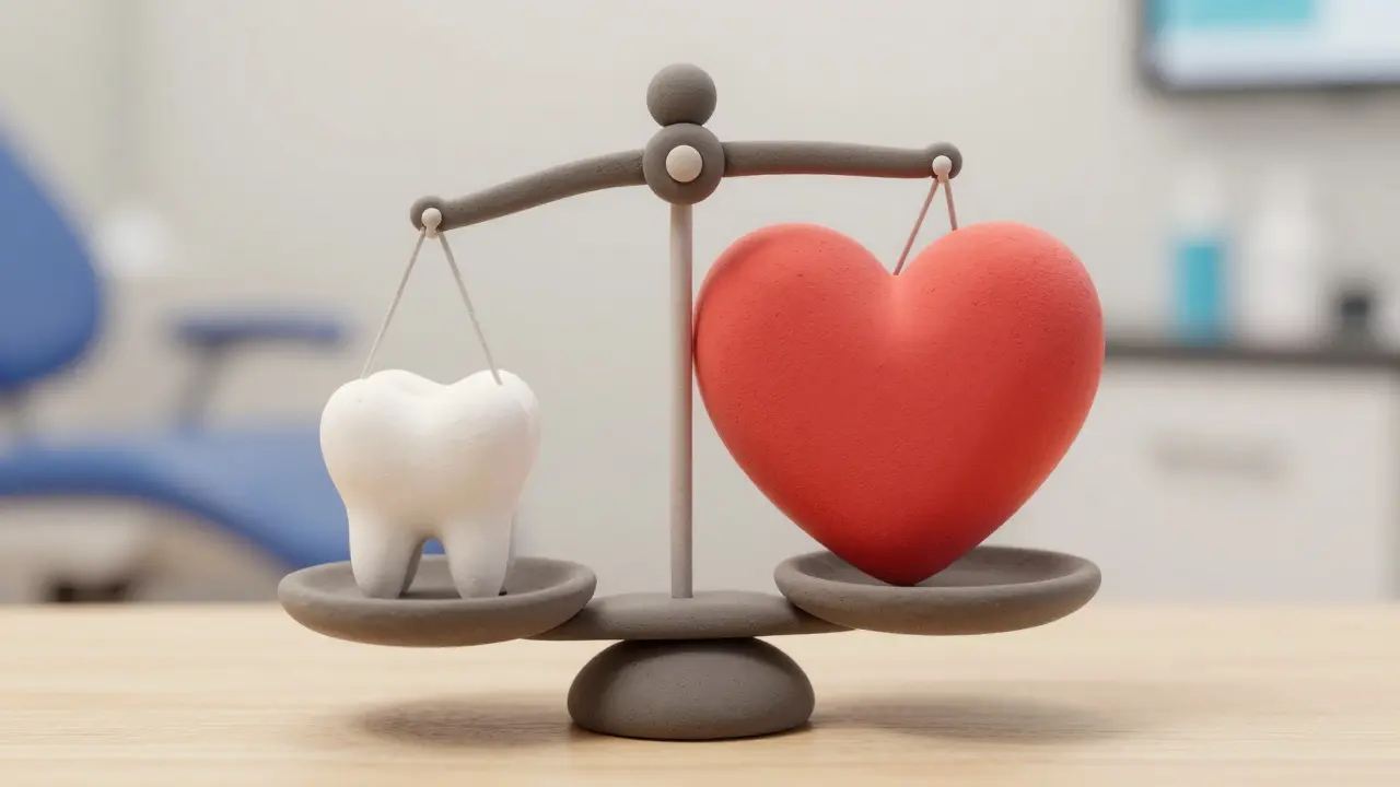 Clay art showing a scale balancing a tooth and a heart to represent medical risk management.
