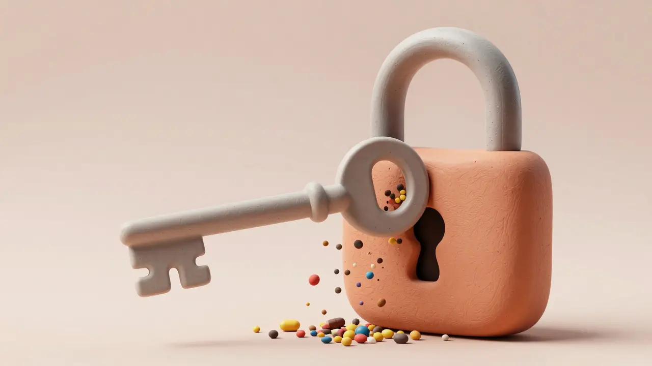 Clay conceptual art of a key and lock obstructed by pollen particles