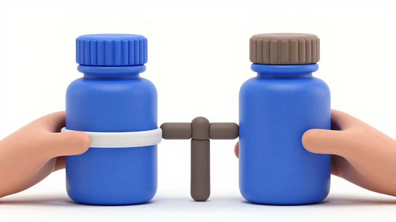Clay hands choosing a safe blue medication bottle