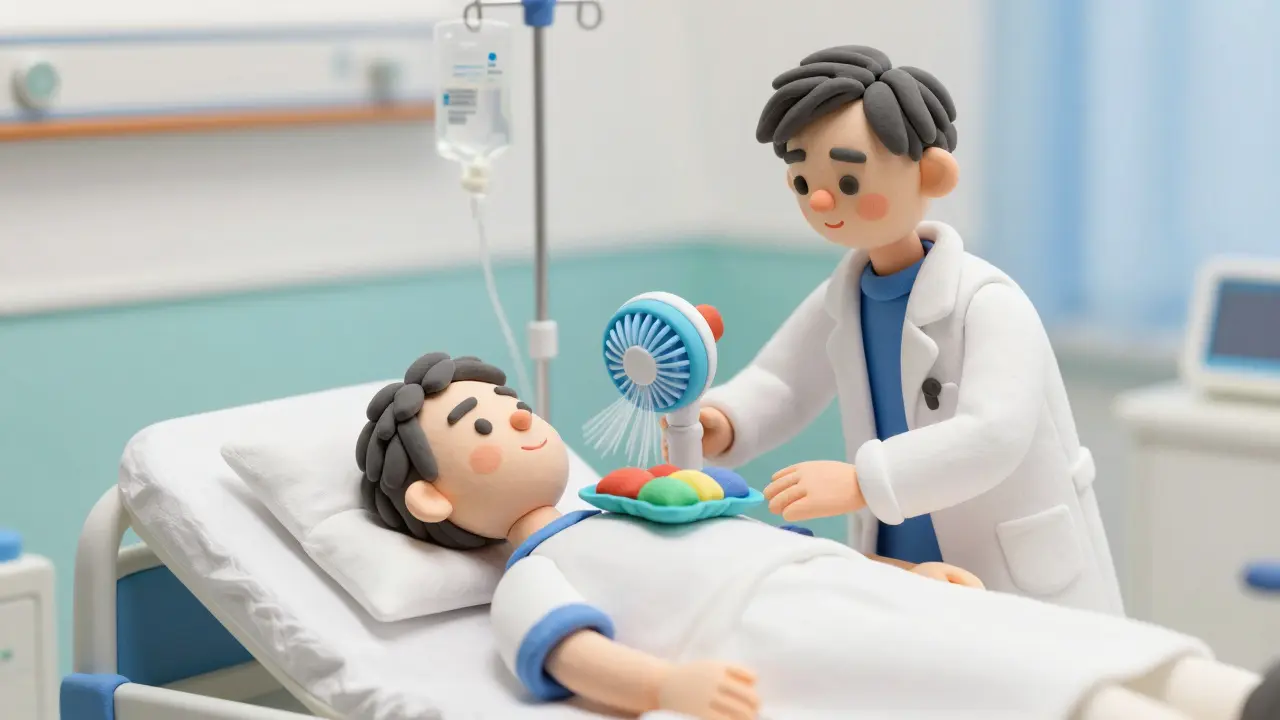 Clay illustration of a patient receiving cooling treatment and IV fluids in a hospital.