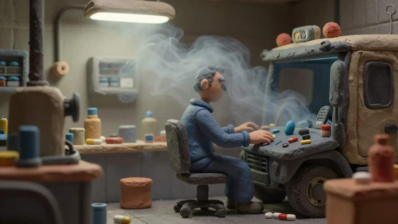 Clay illustration of a worker feeling a mental fog while operating machinery.