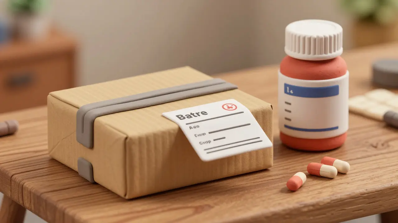 Clay rendering of a bulk medication delivery package and prescription slip on a table