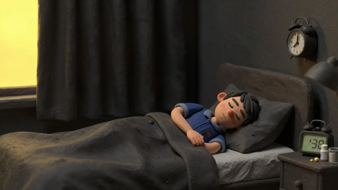 Clay rendering of a dark bedroom with blackout curtains for a night worker.