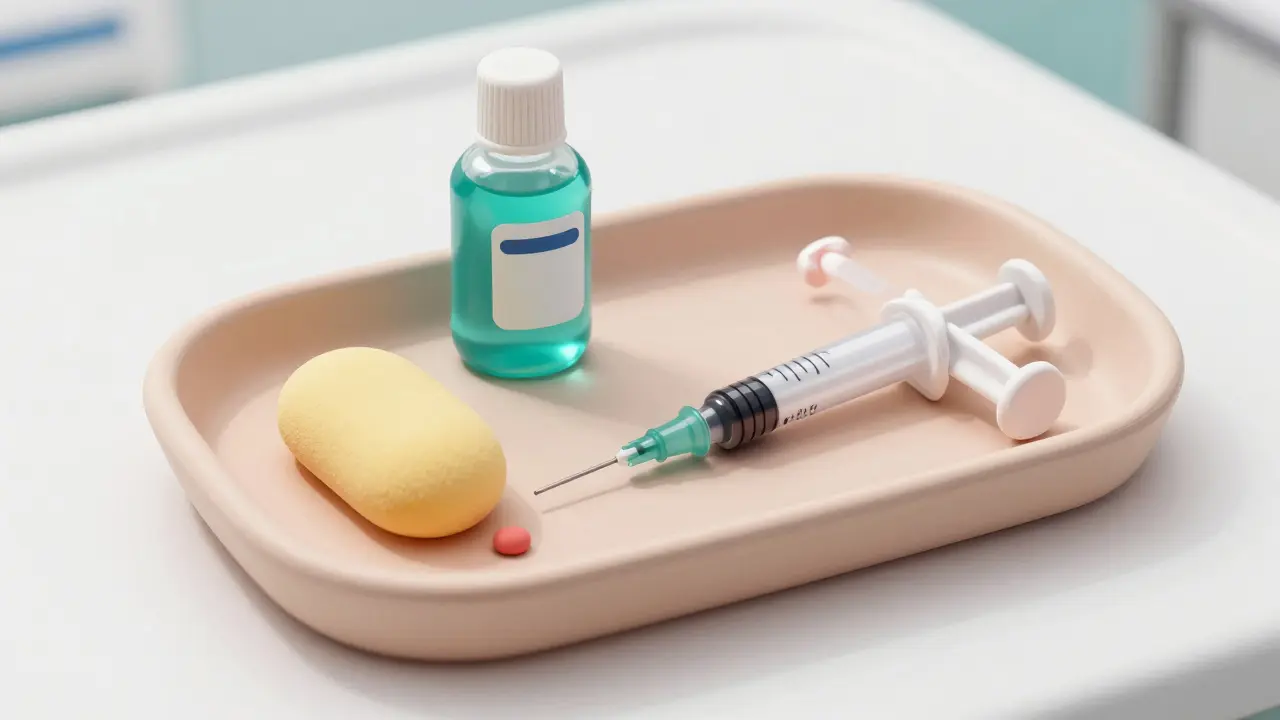 Clay rendering of a dental tray with a sponge and mouthwash used to stop bleeding.