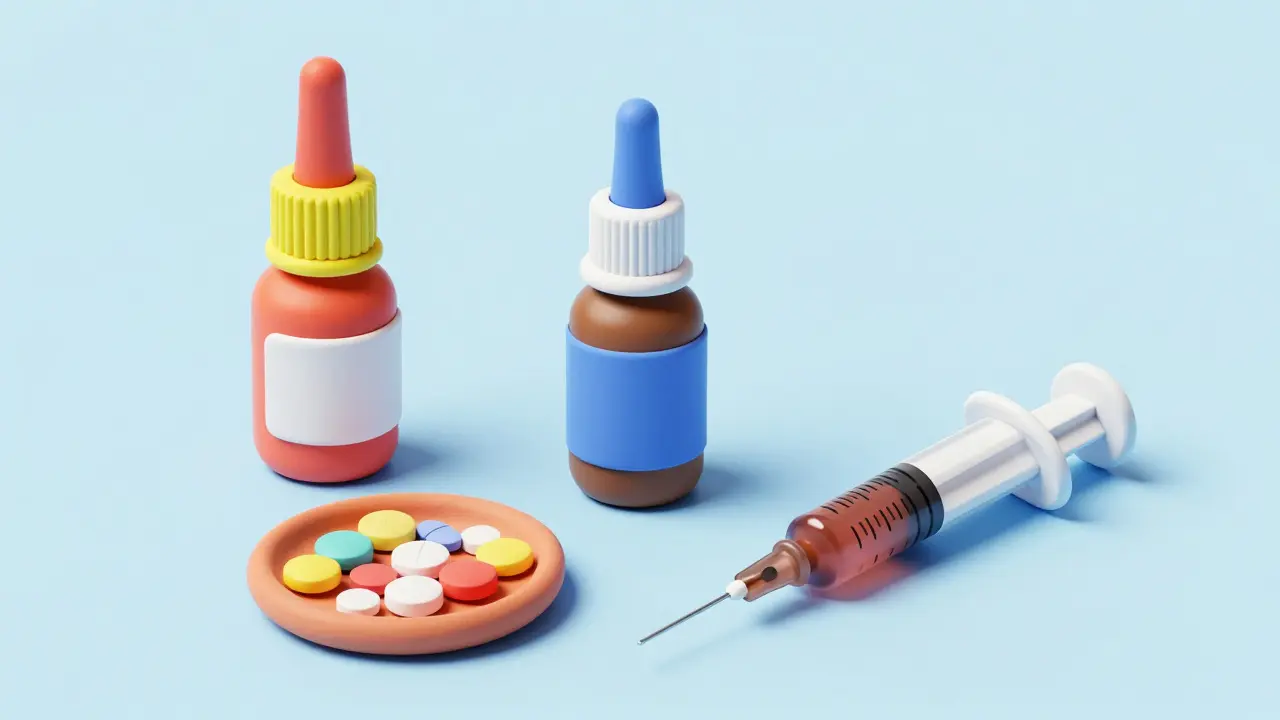 Clay rendering of a nasal spray, pills, and an immunotherapy syringe