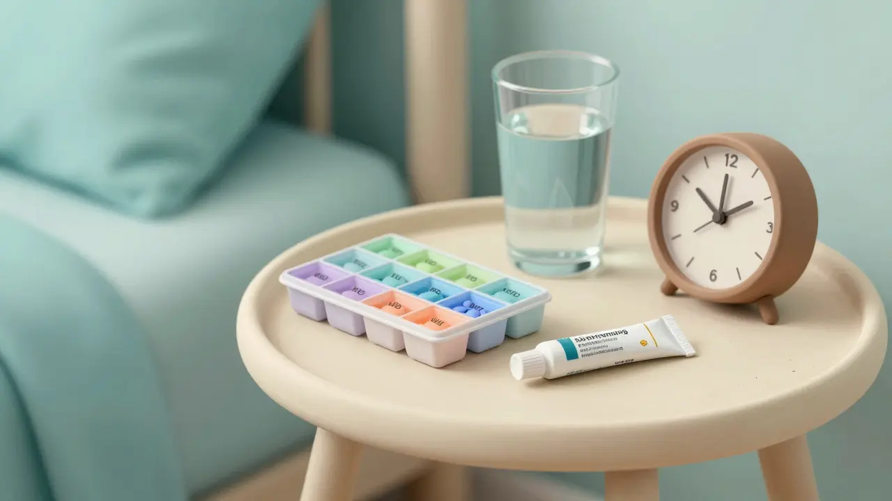 Clay rendering of a pill organizer and compounding ointment on a bedside table