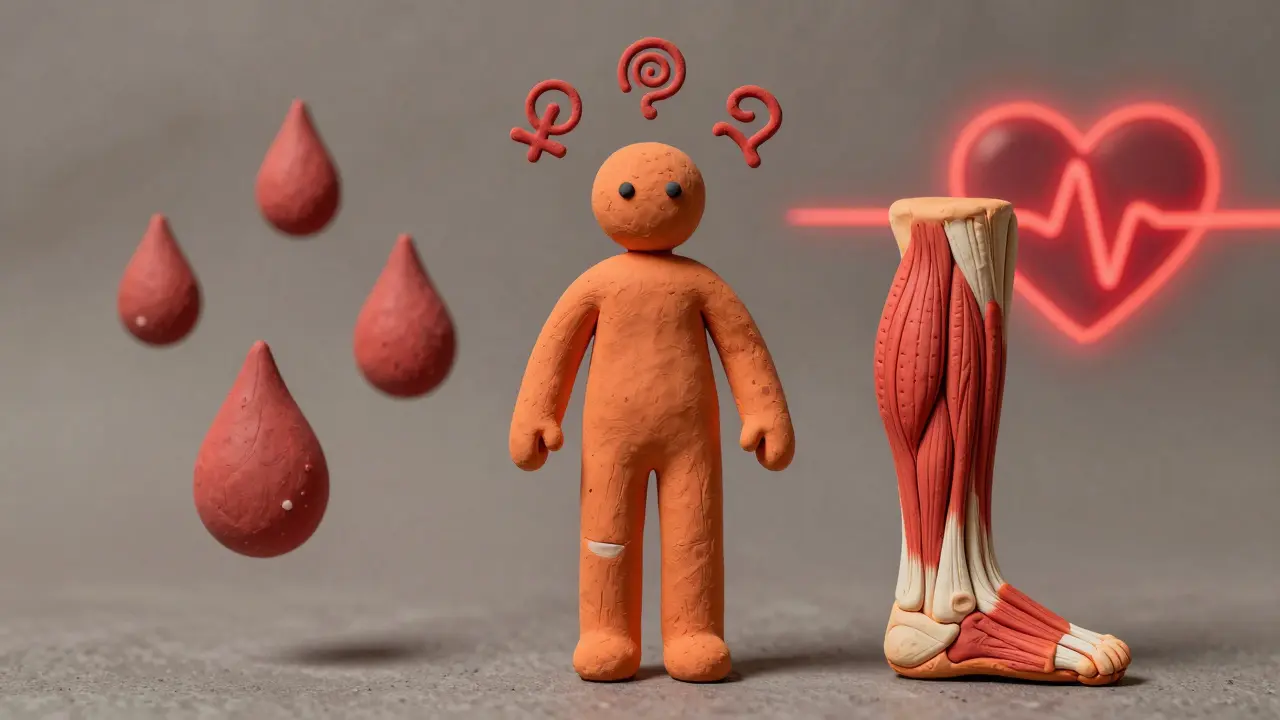 Clay rendering of confusion, muscle twitching, and a racing heart symbols.