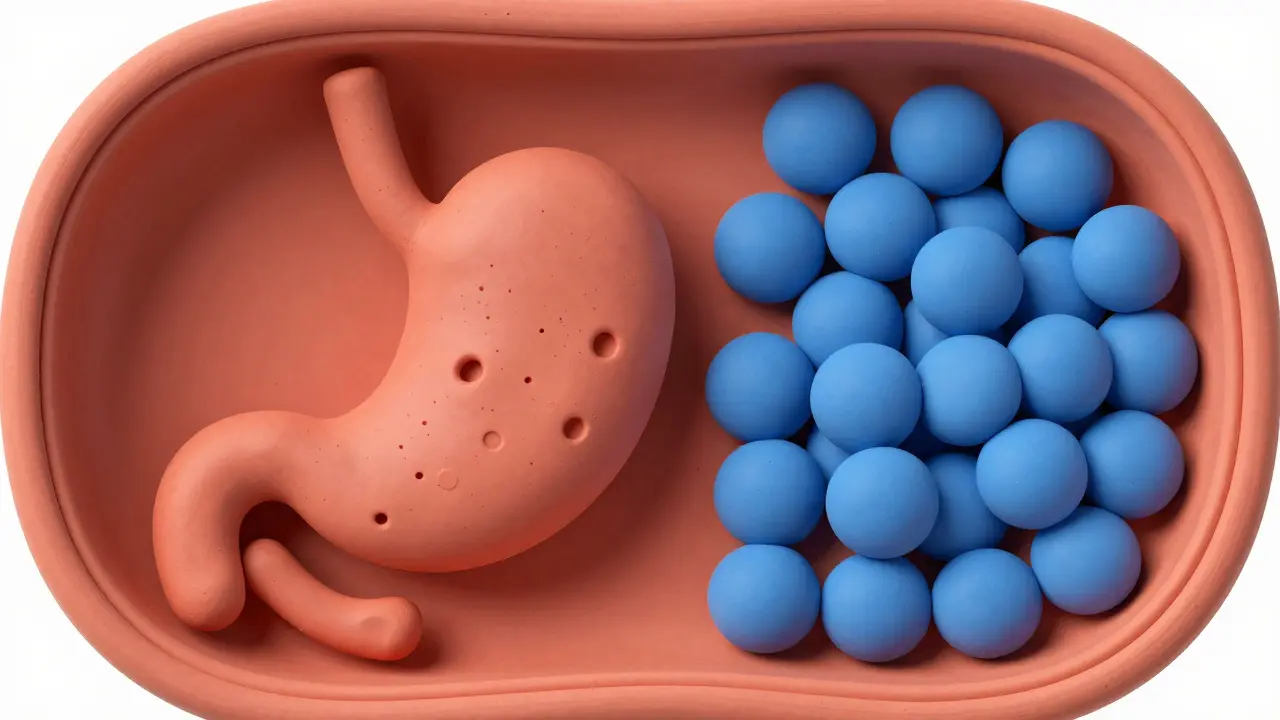 Clay rendering showing a thinning stomach lining and slippery blood platelets.