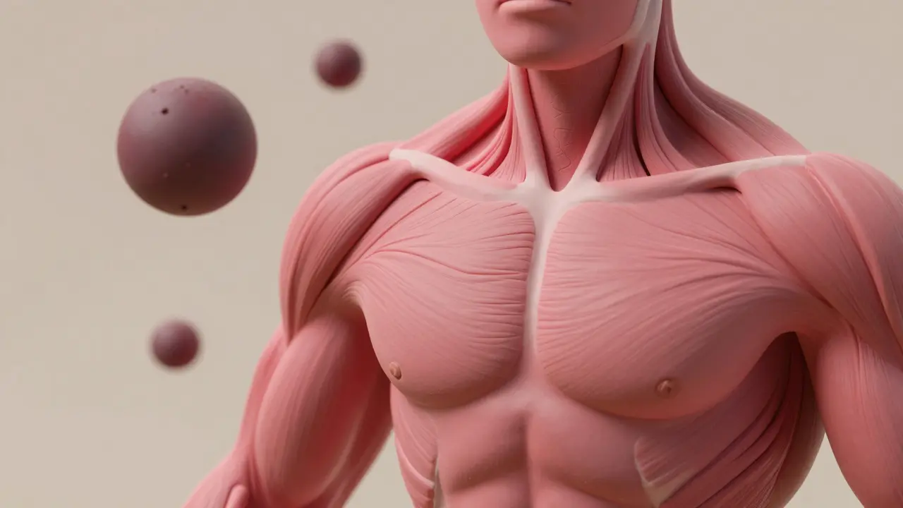 Pink clay muscles with dark toxin spheres nearby